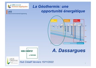 La Géothermie: une
opportunité énergétique
A. Dassargues
Hub Créatif Verviers 15/11/2022 1
 