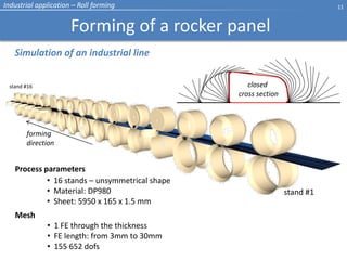 Forming of a rocker panel
11
Industrial application Roll forming
Simulation of an industrial line
Process parameters
16 st...