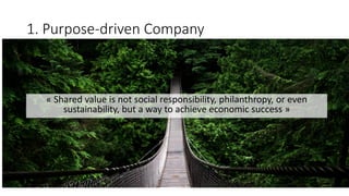 1. Purpose-driven Company
« Shared value is not social responsibility, philanthropy, or even
sustainability, but a way to achieve economic success »
 