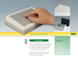 PULTGEHÄUSE


           DAS PRODUKT                         Ihre Vorteile

Das PULTGEHÄUSE-Programm von OKW               •lieferbar in 3 Größen
deckt die unterschiedlichsten Einsatzgebiete   •ergonomisch günstige
                                               Formgebung
ab. Wählen Sie das Gehäuse, dessen Größe
                                               •mit viel Platz für groß-
und Neigung des Bedienfeldes ganz Ihren
                                               volumige Einbauten
speziellen Anforderungen entspricht.
                                               •Größe 220 mit hohem Oberteil
                                               und Frontplatte
Für den Einbau vorgefertigter, kompletter      •Kombi-Pultgehäuse zusätzlich
Elektronik-Einheiten stehen Frontplatten-      mit Sichtaufsatz
Ausführungen zur Verfügung.
 