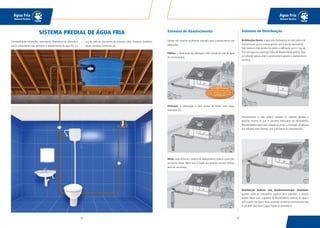 3332
Água Fria
Manual Técnico
Água Fria
Manual Técnico
Sistemas de Distribuição
Distribuição Direta: a água vem diretamente da rede pública de
abastecimento para o sistema predial, sem o uso de reservatório.
Este sistema é mais econômico, porém a edificação corre o risco de
ficar sem água nas eventuais faltas de abastecimento público. Deve
ser utilizado apenas onde a concessionária garanta o abastecimento
contínuo.
Historicamente a rede pública submete os sistemas prediais a
pressões maiores do que as previstas, diminuindo seu desempenho.
Recomendamos evitar esta situação ou prover a instalação de válvulas
que reduzem estas pressões, com autorização da concessionária.
Distribuição Indireta sem Bombeamento/por Gravidade:
quando utiliza-se reservatório superior para alimentar o sistema
predial. Neste caso, a garantia de abastecimento contínuo de água é
maior, porém em alguns locais a pressão na rede da concessionária não
é suficiente para fazer a água chegar ao reservatório.
É formado pelas tubulações, reservatórios, dispositivos de utilização e
outros componentes que permitem o abastecimento de água fria e o
uso de cada um dos pontos de consumo, como: chuveiros, lavatórios,
bacias sanitárias, banheiras, etc.
SISTEMA PREDIAL DE ÁGUA FRIA Sistemas de Abastecimento
Existem três sistemas atualmente utilizados para o abastecimento das
edificações:
Público: a alimentação da edificação é feita através de rede de água
da concessionária.
Particular: a alimentação é feita através de fontes como poços
artesianos, etc.
Misto: onde utiliza-se o sistema de abastecimento público e particular
ao mesmo tempo. Neste caso, o órgão que gerencia recursos hídricos
deve ser consultado.
Ramal predial normalmente
executado de PVC, porém, devido a
grandes variações de pressão da rede
pública, recomendava utilizar tubos
e conexões de CPVC.
 