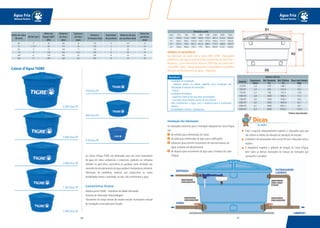 4140
Água Fria
Manual Técnico
Água Fria
Manual Técnico
Bitola dos tubos
DE (mm)
DN Ref. (pol.)
Bitola dos
flanges ABNT
(DN)
Diâmetro
do disco
(mm)
Espessura
do disco
(mm)
Diâmetro
da furação (mm)
Quantidade
de parafusos
Diâmetro do furo
por parafuso (mm)
Bitola dos
parafusos
(mm)
60 2'' 50 165 16 125 4 20 16
75 2 1/2'' 60 175 16 135 4 20 16
85 3'' 75 194 17 154 4 20 16
110 4'' 100 220 18,5 180 8 20 16
160 6'' 150 285 24 240 8 24 20
200 8'' 200 340 40 295 8 24 20
Caixas d’Água TIGRE
As Caixas d’Água TIGRE são destinadas para uso como reservatório
de água em obras residenciais e comerciais, podendo ser utilizadas
também na agricultura, piscicultura ou qualquer outra atividade que
necessite de armazenamento de água potável à temperatura ambiente.
Fabricadas de polietileno, material que proporciona às caixas
durabilidade, leveza e atoxidade, ou seja, não contaminam a água.
Características Técnicas
Matéria-prima: PEMD - Polietileno de Média Densidade.
Processo de fabricação: Rotomoldagem.
Travamento da tampa através de simples encaixe. Acompanha manual
de instalação e marcação para furação.
2.000 litros RT
1.500 litros RT
1.000 litros RT
750 litros RT
500 litros RT
310 litros RT
3.000 litros RT
5.000 litros RT
Benefícios
Facilidade de instalação:
- rebaixos planos na lateral, gabarito para instalação das
tubulações e manual de instruções;
- leveza;
Facilidade de limpeza:
- superfície interna lisa que evita incrustações;
- sua baixa altura facilita acesso ao seu interior;
Não contaminam a água, pois a matéria-prima é totalmente
atóxica;
Durabilidade: resiste a intempéries.
Fixar e suportar adequadamente registros e tubulações para que
não sofram os efeitos da vibração da tubulação de entrada.
O diâmetro do extravasador deve ser de 50 mm e não pode colocar
registro.
É obrigatório respeitar o gabarito de furação da Caixa d’Água,
bem como as demais ilustrações do manual de instruções que
acompanha o produto.
Volume (litros)
Modelo
Espessura
(mm)
Vol. Nominal
(L)
Vol. Efetivo
(L)
Peso com Tampa
(Kg)
310 RT 2,4 310 336,1 7,5
500 RT 2,4 500 522,0 10,0
750 RT 2,7 750 741,5 13,8
1000 RT 2,8 1000 969,4 17,2
1500 RT 3,0 1500 1450,7 24,4
2000 RT 3,6 2000 1895,9 34,7
3000 RT 4,1 3000 3061,1 54,7
5000 RT 6,3 5000 5100,7 113,4
Instalação das Tubulações
As tubulações essenciais para a instalação adequada da Caixa d’Água
são:
de entrada (para alimentação da Caixa).
de saída (para distribuição da água para a edificação).
extravasor (para permitir escoamento de eventual excesso de
água, evitando transbordamento).
de limpeza (para escoamento da água após a limpeza da Caixa
d’Água).
1
2
3
4
Dicas
do Hufen
NORMAS DE REFERÊNCIA
São fabricadas de acordo com a norma NBR 14799 - Reservatório
poliolefínico para água potável de volume nominal de até 2000 litros –
Requisitos. E para reservatórios acima de 2000 litros, de acordo com a
norma NBR 15682 – Tanque estacionário rotomoldado em polietileno
(PE) para acondicionamento de águas – Requisitos.
Dimensões (mm)
Cotas 310 500 750 1000 1500 2000 3000 5000
D1 1039,0 1212,0 1309,1 1440,0 1702,2 1821,5 2155,0 2334,0
D2 810,3 978,3 1053,9 1145,7 1419,4 1520,3 1721,7 1823,6
H1 657,6 729,2 861,7 951,4 988,5 1113,7 1380,0 1905,0
H2 533,4 583,6 702,7 775 783,2 892,8 1124,1 1620,0
*Valores Aproximados
 