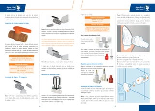 4544
Água Fria
Manual Técnico
Água Fria
Manual Técnico
O registro não deve ser utilizado como união. Deve ser utilizado
totalmente aberto ou fechado, nunca semiaberto, pois isso danifica as
vedações. Não deve ser embutido em paredes.
REGISTRO DE ESFERA COMPACTO TIGRE
O Registro de Esfera Compacto TIGRE é simples de instalar, utilizado
para controlar o fluxo do líquido que passa pela tubulação em
residências, barriletes de prédios, piscinas, máquinas de lavar,
piscicultura, construção naval, etc. É simples de operar, bastando dar
apenas ¼ de volta, e sem riscos de vazamento por não possuir porcas.
Instalação do Registro VS Compacto
Passo 1: Por meio de uma lixa d’água, tirar o brilho das superfícies a
serem soldadas (bolsa e ponta do tubo), objetivando aumentar a área
de ataque de adesivo.
Diâmetros disponíveis:
Soldável: 20, 25, 32, 40, 50,60 mm;
Roscável: ½” , ¾”, 1”, 1 ¼”, 1 ½”, 2”.
Pressão de serviço:
Até 16 kgf/cm²
(diâmetros de ½” , ¾”,1”, 20, 25, 32 mm);
Até 10 kgf/cm²
(diâmetros de 1¼” , 1½”, 2” , 40, 50 ,60 mm).
Passo 2: Limpar as superfícies lixadas com Solução PreparadoraTIGRE,
eliminando impurezas e gorduras. Distribuir uniformemente o Adesivo
Plástico TIGRE com pincel ou o bico da própria bisnaga nas superfícies
tratadas.
Obs.: Cuidado ao aplicar adesivo na bolsa do corpo do registro, evitando
que o adesivo escorra para dentro e danifique a esfera e as vedações.Ao
cortar os tubos que serão unidos ao registro, não esquecer de adicionar
ao seu comprimento a medida da profundidade das bolsas do registro.
Passo 3: Encaixar as partes e remover qualquer excesso de adesivo.
O registro deve ser utilizado totalmente aberto ou fechado, nunca
semiaberto, pois isso danifica as vedações. Não deve ser embutido em
paredes.
REGISTRO DE CHUVEIRO TIGRE
Registro de PVC para instalações prediais de água fria, especialmente
desenvolvido para aplicação em chuveiros residenciais. A praticidade
deste registro é um de seus diferenciais: basta um giro de apenas meia
volta para abrir ou fechar a passagem da água.
É fabricado nas versões:
São 5 opções de acabamento TIGRE:
Cromado, branco, areia,
cinza e branco com detalhe
cromado.
Para facilitar a instalação na parede, ele acompanha uma
capa protetora, que contém a marcação do nível de reboco.
Caso necessário, é possível substituir o mecanismo
interno através do Kit de Reposição comercializado
separadamente.
Registros para acabamento metálico
Registros compatíveis com os acabamentos metálicos dos principais
fabricantes do mercado (Consulte aAssistência
Técnica da TIGRE para
saber quais os modelos de
acabamentos compatíveis).
Instalação do Registro de Chuveiro
Escolha o modelo de registro adequado ao tipo de tubulação de
sua instalação (soldável ou roscável) e siga a instalação conforme
orientações a seguir:
Passo 1: Faça a instalação da base do registro utilizando Adesivo
Plástico TIGRE (modelo soldável) ou Fita Veda Rosca TIGRE (modelo
roscável). Observe a flecha indicativa do fluxo da água sobre o corpo
do produto.
Diâmetros disponíveis:
Soldável: 20, 25 mm;
Roscável: ½”, ¾”.
Pressão de serviço:
Suportam uma pressão de serviço de até
7,5kgf/cm² a 20°C, seguindo as exigências
das normas de instalações prediais.
Passo 2: O registro pode ser embutido na parede até a marcação do
reboco que existe na capa protetora. Considere esta marcação como
nível do reboco. Assim garante-se altura suficiente do registro para
posteriormente colocar o acabamento. A capa protetora deverá ser
retirada apenas quando for montado o acabamento do registro.
Para instalar o acabamento, siga os seguintes passos:
1. Retire a Moldura (A) e guarde o parafuso (B).
2. Encaixe a Canopla (E) e fixe-a utilizando o Preme (D).
3. Encaixe o Volante (C) no mecanismo (F) e fixe-o com o parafuso (B).
4. Recoloque a moldura (A) no volante (C) tomando o cuidado de
encaixar corretamente nas guias.
A
B
C
D
E
 