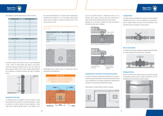 5756
Água Fria
Manual Técnico
Água Fria
Manual Técnico
Deve obedecer o seguinte espaçamento na posição horizontal:
Para tubos na posição vertical, deve-se colocar um suporte (braçadeira)
a cada 2 metros. Os apoios deverão estar sempre o mais próximo
possível das mudanças de direção (curvas, tês, etc.). Num sistema de
apoios, apenas um deverá ser fixo no tubo, os demais deverão permitir
que a tubulação se movimente livremente, pelo efeito da dilatação
térmica.
Instalações Enterradas
As tubulações devem ser assentadas em terreno resistente ou sobre
base apropriada, livre de detritos ou materiais pontiagudos. O fundo
da vala deve ser uniforme. Quando for preciso regularizar o fundo,
utilize areia ou material granular. Estando o tubo colocado no seu
leito, preencha lateralmente com o material indicado, compactando-o
manualmente em camadas de 10 a 15 cm até atingir a altura da parte
superior do tubo. Complete a colocação do material até 30 cm acima
da parte superior do tubo.
A seguir, tabela de profundidade mínima de assentamento de acordo
com as cargas:
Recomendamos que a largura da vala a ser aberta para realizar o
assentamento da tubulação seja:
DN + 50 cm
Por exemplo, se você tiver uma tubulação
com DN 100 (10 cm), você terá de abrir uma
vala de 10 + 50 = 60 centímetros.
Bitolas DE (mm) Tubos Soldáveis (m)
20 0,9
25 1,0
32 1,1
40 1,3
50 1,5
60 1,7
75 1,9
85 2,1
110 2,5
Bitolas DE (mm) Tubos Roscáveis (m)
½” 1,0
¾” 1,1
1 1,3
1 ¼” 1,5
1 ½” 1,6
2” 1,8
2 ½” 2,0
3” 2,1
4” 2,4
5” 2,7
6” 2,8
Cargas Profundidade “h” (m) Cargas Profundidade “h” (m)
Interior dos lotes 0,30
Passeio 0,60
Tráfego de veículos leves 0,80
Tráfego pesado e intenso 1,20
Ferrovia 1,50
Caso não seja possível executar o recobrimento mínimo, ou se a
tubulação estiver sujeita à carga de rodas, fortes compressões ou,
ainda, situada sob área edificada, deverá existir uma proteção
adequada, com uso de lajes ou canaletas de concreto que impeçam a
ação desses esforços sobre a tubulação.
Transposição de elementos da obra (portas, janelas)
O traçado da tubulação eventualmente precisará desviar de portas e
janelas.Estesdesviosnãodeverãoterformatodesifão,poisesteformato
causa a incidência de ar na tubulação, prejudicando o desempenho da
instalação em casos de falta de abastecimento de água.
Utilize sempre um traçado retilíneo, conforme a ilustração:
Congelamento
Nas regiões sujeitas ao congelamento de água, deve-se tomar algumas
providências para evitar o risco de rompimentos das tubulações (a
água ao congelar aumenta de volume). Uma das providências é fazer
isolamento térmico da tubulação, ou ainda esvaziá-la.
Pesos Concentrados
As conexões mais pesadas, acopladas às tubulações aparentes, devem
ser sempre apoiadas para evitar que forcem a tubulação.
Dilatação Térmica
Quando o tamanho de um material aumenta em função de variações
da temperatura, dizemos que ele se dilata termicamente. Com uma
tubulação de PVC este fenômeno também acontece.
 