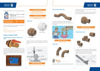 6160
Água Fria
Manual Técnico
Água Fria
Manual Técnico
CURVA DE TRANSPOSIÇÃO TIGRE
O cruzamento de tubulações deve ser resolvido da maneira mais
prática e eficiente possível. Para estes casos, a TIGRE oferece a Curva
de Transposição.
CURVAS TIGRE
Sempre que possível, utilize curvas ao invés de joelhos (cotovelos), pois
Na prática, deve-se adquirir 1 frasco de 175 gramas para este exemplo.
Como não é possível adquirir 1 frasco e meio, pode-se arredondar o
cálculo para 2 frascos de Solução Preparadora.
CONCLUSÃO
Teremos 1 frasco de Adesivo Plástico TIGRE de 175 gramas e 2 frascos
de Solução Preparadora TIGRE de 200 ml.
Soluções Inovadoras TIGRE
ADAPTADOR PARA CAIXA D’ÁGUA COM REGISTRO
TIGRE
Esta conexão permite a ligação das tubulações de entrada e saída à
Caixa d’Água. O grande diferencial deste adaptador é que ele já possui
o registro para as manobras de abertura e fechamento, com apenas
1/4 de volta, o que economiza em conexões e torna a instalação mais
rápida e fácil.
CURVA 45O
CURVA 90O
Diâmetros disponíveis:
20, 25, 32, 40, 50 e 60 mm;
1/2”, 3/4”, 1”, 1.1/4”, 1.1/2” e 2”.
Pressão de serviço:
Suporta pressão de serviço de 7,5 kgf/cm²
à temperatura de 20°C.
UNIÕES TIGRE
Permitem a execução de juntas desmontáveis, para possibilitar a
manutenção de redes através do desrosqueamento da sua porca
central.
Diâmetros disponíveis:
DN 20, 25, 32, 40, 50, 60, 75, 85, 110 mm.
Diâmetros disponíveis:
DN 20, 25, 32 mm.
Quantidade de frascos de Solução
Preparadora TIGRE:
Se escolhermos o frasco de Solução Preparadora
de 200 ml, teremos:
316,0
200
Consumo calculado
Volume da embalagem
= 1,58 frascos=
UNIÃO SOLDÁVEL
UNIÃO ROSCÁVEL
Dicas
do Hufen
elas oferecem menor perda de carga que os joelhos, melhorando o
fluxo da água na tubulação.
Ao fazer reduções concentradas, procure utilizar buchas de redução
longas ao invés das curtas, pois possuem menos perda de carga.
CONEXÕES MISTAS TIGRE
As conexões mistas, também conhecidas como LR (lisa-rosca), possuem
extremidades com rosca e bolsas soldáveis. São utilizadas quando é
necessário interligar tubos roscáveis com soldáveis, ou
ainda para conectar registros e torneiras não metálicas.
Diâmetros disponíveis:
DN 20, 25, 32, 40, 50, 60, 75, 85 e 110 mm.
JOELHO 90O
TÊ
LUVA
 