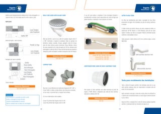 143142
Esgoto
Manual Técnico
Esgoto
Manual Técnico
devido à junta obrigatoriamente soldável entre o tubo prolongador e o
corpo da caixa, e ao curto espaço que fica entre a peça e a laje.
Aplicações:
Ramal de Esgoto - Bacia Sanitária
Passagem por vigas ou paredes
Caixas sifonadas
Benefícios
Evita improvisos na marcação do ponto na laje;
Facilita a montagem da caixa sifonada;
Garante a estanqueidade do conjunto;
Pode ser aplicada antes ou depois da concretagem.
Diâmetros disponíveis:
DN 100 e DN 150.
RALO COM SAÍDA ARTICULADA TIGRE
Ralo que permite o giro de sua saída em qualquer ângulo entre 0°
e 180°, facilitando o traçado da tubulação. Pode ser aplicado em
banheiros, lavabos, varandas, terraços, garagens, áreas de serviço,
tanto de obras verticais quanto horizontais. Possui diâmetro interno
do corpo compatível com o tubo de esgoto de 100 mm, utilizado como
prolongador, e saída de 40 mm. Possui anel de borracha que garante a
vedação do joelho articulado e também acompanha cesto de limpeza.
CURVAR TIGRE
Para fazer curvas diferentes dos tradicionais ângulos de 45º e 90º, a
Curvar TIGRE é a melhor solução. Basta o giro das porcas existentes
no seu corpo e é possível fazer os ângulos mais variados.
A Curvar é fabricada em dois modelos:
Curvar 45: permite fazer ângulos entre 0 e 45º.
Curvar 90: permite fazer ângulos entre 0 e 90º.
O uso da Curvar agiliza a instalação e evita montagens forçadas e
procedimentos incorretos (como aquecimento por meio de fogo) que
podem danificar a tubulação e trazer prejuízos ao sistema.
ADAPTADOR PARA SAÍDA DE VASO SANITÁRIO TIGRE
Para acoplar os vasos sanitários com saída horizontal ao ponto de
esgoto, a TIGRE oferece o Adaptador para Saída de Vaso Sanitário,
fabricado no diâmetro DN 100.
Diâmetro disponível:
DN 100 x 40.
Diâmetros disponíveis:
Curvar 45º SN = DN 40 e DN 100;
Curvar 45º SR = DN 100;
Curvar 90º SR = DN 100.
Diâmetro disponível:
DN 100.
EXCLUSIVIDADE
TIGRE
EXCLUSIVIDADE
TIGRE
SIFÕES PLENA TIGRE
Os sifões são fundamentais para vedar a passagem do mau cheiro
proveniente do esgoto. São instalados nas pias de cozinha, banheiros
e tanques.
A TIGRE, através da PLENA, oferece uma linha completa de sifões: os
tradicionais, de PVC flexível, e a linha Multiuso, para pias de cubas
duplas e simples, cujo tubo é corrugado e flexível, permitindo ajustes
conforme a necessidade do local.
Todos possuem o fecho hídrico de 50 mm conforme exige a norma
NBR 8160.
Teste para recebimento das instalações
Todo o sistema de esgoto sanitário e de ventilação, seja novo ou que
tenha sofrido mudanças, deve ser inspecionado e ensaiado antes de
entrar em funcionamento.
Após concluída a execução, e antes dos ensaios, deve ser verificado se
o sistema está corretamente fixado e se existe algum material estranho
no seu interior.
Depois de feita a inspeção final e antes de colocar qualquer aparelho
sanitário, a tubulação deve ser ensaiada com água ou ar.
Diâmetros disponíveis:
1´´, 1 ¼´´ e 1½´´.
SIFÃO AJUSTÁVEL MULTIUSO COPO
SIFÃO AJUSTÁVEL MULTIUSO
 