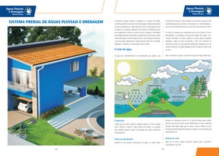 151150
Águas Pluviais
e Drenagem
Manual Técnico
Águas Pluviais
e Drenagem
Manual Técnico
SISTEMA PREDIAL DE ÁGUAS PLUVIAIS E DRENAGEM
Evaporação
A água dos rios, lagos, oceanos e geleiras evapora (1) com a energia
solar e forma as nuvens. A água retida nas plantas e no próprio
solo também evapora e ajuda na formação das nuvens através da
transpiração (2).
Chuva ou precipitação
Quando há uma grande concentração de gotas, as nuvens ficam
pesadas e é formada a chuva (3). O vento (4) move estas nuvens,
fazendo com que as chuvas sejam distribuídas por toda a extensão
terrestre. Parte desta água que cai sobre a terra se infiltra no solo,
formando grandes depósitos de água no subsolo, o que chamamos de
lençol freático (5).
Reinício do ciclo
Após cair na terra, a água novamente evapora para a atmosfera,
continuando o seu ciclo.
em forma de chuva, em forma de gelo ou em forma de vapor. A esta
movimentaçãodamosonomede“ciclodaágua”ou“ciclohidrológico”,
e este ciclo é fundamental para que a vida continue existindo na Terra.
As forças da natureza são responsáveis pelo ciclo da água. A chuva,
basicamente, é o resultado da água que evapora dos lagos, rios e
oceanos, formando as nuvens. Quando as nuvens estão carregadas,
despejam a água na terra. Ela penetra o solo e vai alimentar as
nascentes dos rios e os reservatórios subterrâneos. Quando ela cai nos
oceanos, mistura-se às águas salgadas e volta a evaporar, chover e cair
na terra.
Veja na ilustração a seguir o caminho da água e as etapas deste ciclo:
O sistema de águas pluviais e drenagem é o conjunto de calhas,
condutores,grelhas,caixas de areia e de passagem e demais dispositivos
que são responsáveis por captar águas da chuva e de lavagem de piso
e conduzir a um destino adequado. Este sistema é fundamental, pois
evita alagamentos, diminui a erosão do solo e protege as edificações
da umidade excessiva. Para melhor compreensão deste assunto, vamos
tratar sobre alguns conceitos básicos como o ciclo da água na natureza,
o que são águas subterrâneas e águas pluviais, partes de um telhado,
drenagem, e conhecer os componentes deste sistema.
O ciclo da água
A água está constantemente se movimentando pelo planeta, seja
 