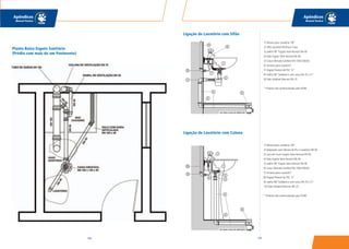 195
Apêndices
Manual Técnico
194
Apêndices
Manual Técnico
Planta Baixa Esgoto Sanitário
(Prédio com mais de um Pavimento)
Ligação de Lavatório com Sifão
Ligação de Lavatório com Coluna
1) Válvula para Lavatório 7/8”
2) Sifão ajustável Multiuso Copo
3) Joelho 90° Esgoto Série Normal DN 40
4) Tubo Esgoto Série Normal DN 40
5) Caixa Sifonada Girafácil DN 100x140x50
6) Torneira para Lavatório*
7) Engate Flexível de PVC ½”
8) Joelho 90° Soldável e com rosca DN 25 x ½”
9) Tubo Soldável Marrom DN 25
* Produto não comercializado pela TIGRE.
1) Válvula para Lavatório 7/8”
2) Adaptador para Válvula de Pia e Lavatório DN 40
3) Luva de Correr Esgoto Série Normal DN 40
4) Tubo Esgoto Série Normal DN 40
5) Joelho 90° Esgoto Série Normal DN 40
6) Caixa Sifonada Girafácil DN 100x140x50
7) Torneira para Lavatório*
8) Engate Flexível de PVC ½”
9) Joelho 90° Soldável e com rosca DN 25 x ½”
10) Tubo Soldável Marrom DN 25
* Produto não comercializado pela TIGRE.
 