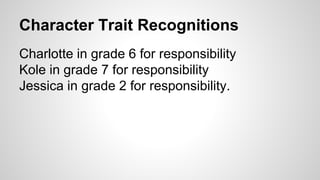 Character Trait Recognitions
Charlotte in grade 6 for responsibility
Kole in grade 7 for responsibility
Jessica in grade 2 for responsibility.
 