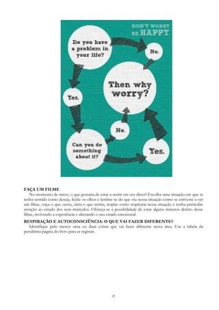 15
FAÇA UM FILME
No momento de stress, o que gostaria de estar a sentir em vez disso? Escolha uma situação em que se
tenha sentido como deseja, feche os olhos e lembre-se do que viu nessa situação como se estivesse a ver
um filme, ouça o que ouviu, sinta o que sentiu, respire como respiraria nessa situação e tenha particular
atenção ao estado dos seus músculos. Ofereça-se a possibilidade de estar alguns minutos dentro desse
filme, revivendo a experiência e alterando o seu estado emocional.
RESPIRAÇÃO E AUTOCONSCIÊNCIA: O QUE VAI FAZER DIFERENTE?
Identifique pelo menos uma ou duas coisas que vai fazer diferente nesta área. Use a tabela da
penúltima página do livro para as registar.
 
