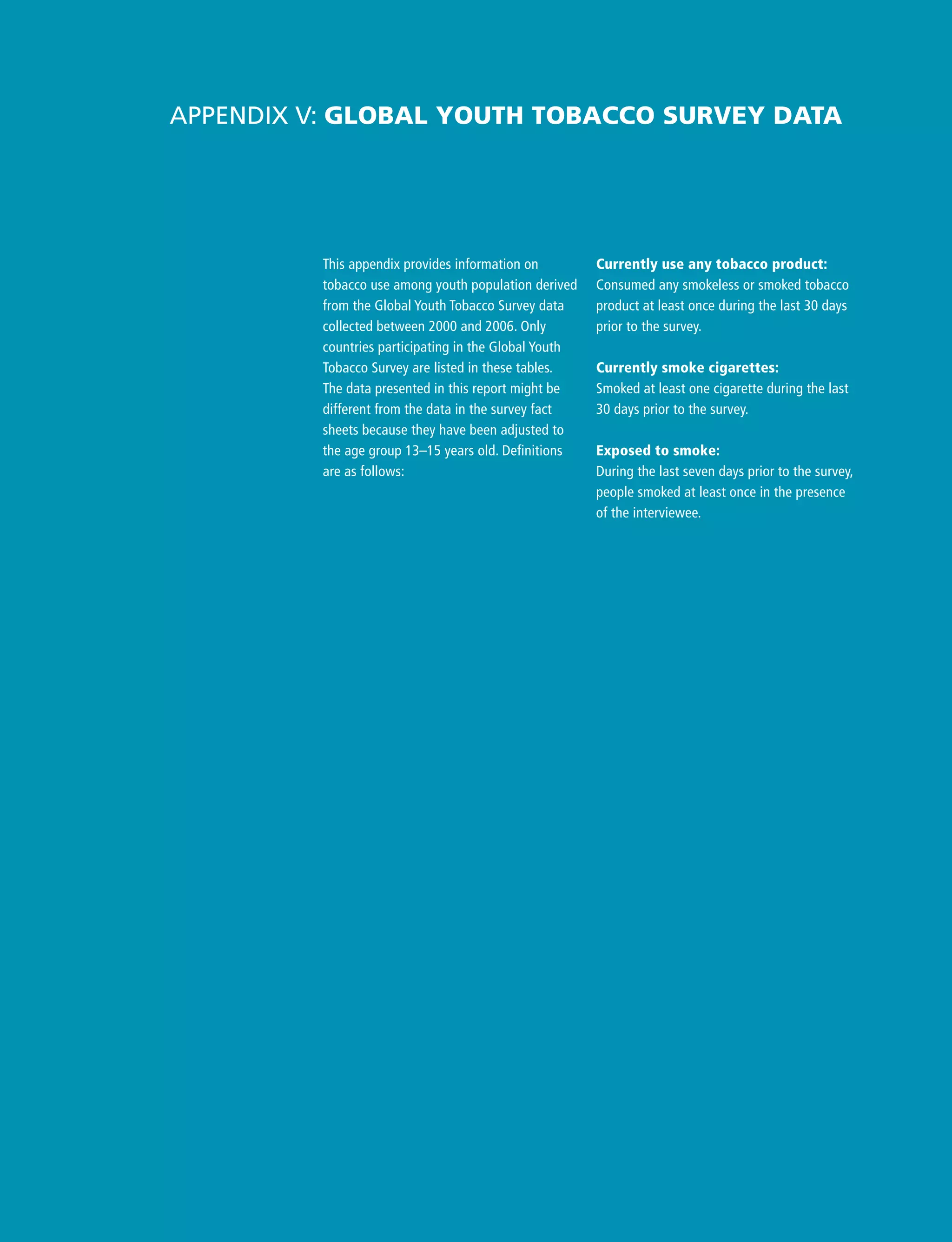 This appendix provides information on
tobacco use among youth population derived
from the Global Youth Tobacco Survey data
collected between 2000 and 2006. Only
countries participating in the Global Youth
Tobacco Survey are listed in these tables.
The data presented in this report might be
different from the data in the survey fact
sheets because they have been adjusted to
the age group 13–15 years old. Definitions
are as follows:
Appendix V: Global Youth Tobacco Survey data
Currently use any tobacco product:
Consumed any smokeless or smoked tobacco
product at least once during the last 30 days
prior to the survey.
Currently smoke cigarettes:
Smoked at least one cigarette during the last
30 days prior to the survey.
Exposed to smoke:
During the last seven days prior to the survey,
people smoked at least once in the presence
of the interviewee.
 