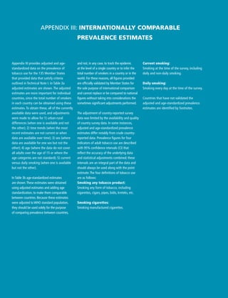 267WHO REPORT ON THE GLOBAL TOBACCO EPIDEMIC, 2008
and not, in any case, to track the epidemic
at the level of a single country or to infer the
total number of smokers in a country or in the
world. For these reasons, all figures provided
are officially validated by Member States for
the sole purpose of international comparison
and cannot replace or be compared to national
figures without taking into considerations the
sometimes significant adjustments performed.
The adjustment of country-reported survey
data was limited by the availability and quality
of country survey data. In some instances,
adjusted and age-standardized prevalence
estimates differ notably from crude country-
reported data. Prevalence figures for four
indicators of adult tobacco use are described
with 95% confidence intervals (CI) that
reflect the accuracy of the underlying data
and statistical adjustments combined; these
intervals are an integral part of the data and
should always be used along with the point
estimate.The four definitions of tobacco use
are as follows:
Smoking any tobacco product:
Smoking any form of tobacco, including
cigarettes, cigars, pipes, bidis, kreteks, etc.
Smoking cigarettes:
Smoking manufactured cigarettes.
Appendix III: Internationally comparable
prevalence estimates
Current smoking:
Smoking at the time of the survey, including
daily and non-daily smoking.
Daily smoking:
Smoking every day at the time of the survey.
Countries that have not validated the
adjusted and age-standardized prevalence
estimates are identified by footnotes.
Appendix III provides adjusted and age-
standardized data on the prevalence of
tobacco use for the 135 Member States
that provided data that satisfy criteria
outlined in Technical Note I. In Table 3a
adjusted estimates are shown. The adjusted
estimates are more important for individual
countries, since the total number of smokers
in each country can be obtained using these
estimates. To obtain these, all of the currently
available data were used, and adjustments
were made to allow for 1) urban-rural
differences (when one is available and not
the other); 2) time trends (when the most
recent estimates are not current or when
data are available over time); 3) sex (where
data are available for one sex but not the
other); 4) age (where the data do not cover
all adults over the age of 15 or where the
age categories are not standard); 5) current
versus daily smoking (when one is available
but not the other).
In Table 3b age-standardized estimates
are shown.These estimates were obtained
using adjusted estimates and adding age
standardization, to make them comparable
between countries. Because these estimates
were adjusted to WHO standard population,
they should be used solely for the purpose
of comparing prevalence between countries,
 