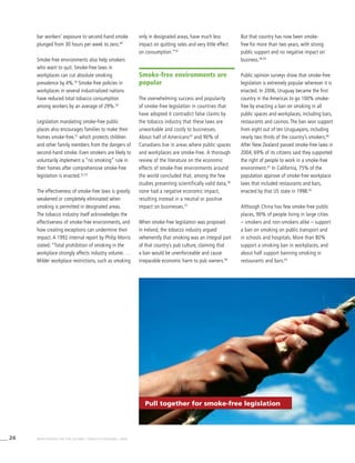 26 WHO REPORT ON THE GLOBAL TOBACCO EPIDEMIC, 2008
Pull together for smoke-free legislation
bar workers’ exposure to second-hand smoke
plunged from 30 hours per week to zero.49
Smoke-free environments also help smokers
who want to quit. Smoke-free laws in
workplaces can cut absolute smoking
prevalence by 4%.50
Smoke-free policies in
workplaces in several industrialized nations
have reduced total tobacco consumption
among workers by an average of 29%.50
Legislation mandating smoke-free public
places also encourages families to make their
homes smoke-free,51
which protects children
and other family members from the dangers of
second-hand smoke. Even smokers are likely to
voluntarily implement a “no smoking” rule in
their homes after comprehensive smoke-free
legislation is enacted.52,53
The effectiveness of smoke-free laws is greatly
weakened or completely eliminated when
smoking is permitted in designated areas.
The tobacco industry itself acknowledges the
effectiveness of smoke-free environments, and
how creating exceptions can undermine their
impact. A 1992 internal report by Philip Morris
stated: “Total prohibition of smoking in the
workplace strongly affects industry volume. …
Milder workplace restrictions, such as smoking
only in designated areas, have much less
impact on quitting rates and very little effect
on consumption.”54
Smoke-free environments are
popular
The overwhelming success and popularity
of smoke-free legislation in countries that
have adopted it contradict false claims by
the tobacco industry that these laws are
unworkable and costly to businesses.
About half of Americans55
and 90% of
Canadians live in areas where public spaces
and workplaces are smoke-free. A thorough
review of the literature on the economic
effects of smoke-free environments around
the world concluded that, among the few
studies presenting scientifically valid data,56
none had a negative economic impact,
resulting instead in a neutral or positive
impact on businesses.57
When smoke-free legislation was proposed
in Ireland, the tobacco industry argued
vehemently that smoking was an integral part
of that country’s pub culture, claiming that
a ban would be unenforceable and cause
irreparable economic harm to pub owners.58
But that country has now been smoke-
free for more than two years, with strong
public support and no negative impact on
business.58,59
Public opinion surveys show that smoke-free
legislation is extremely popular wherever it is
enacted. In 2006, Uruguay became the first
country in the Americas to go 100% smoke-
free by enacting a ban on smoking in all
public spaces and workplaces, including bars,
restaurants and casinos. The ban won support
from eight out of ten Uruguayans, including
nearly two thirds of the country’s smokers.60
After New Zealand passed smoke-free laws in
2004, 69% of its citizens said they supported
the right of people to work in a smoke-free
environment.61
In California, 75% of the
population approve of smoke-free workplace
laws that included restaurants and bars,
enacted by that US state in 1998.62
Although China has few smoke-free public
places, 90% of people living in large cities
– smokers and non-smokers alike – support
a ban on smoking on public transport and
in schools and hospitals. More than 80%
support a smoking ban in workplaces, and
about half support banning smoking in
restaurants and bars.63
 