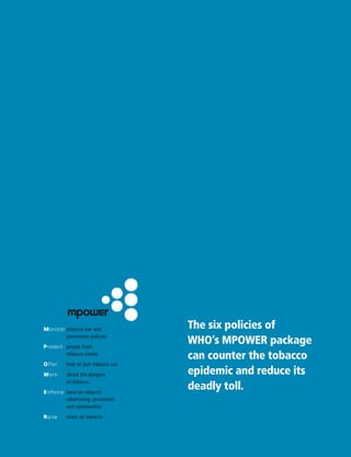 The six policies of
WHO’s MPOWER package
can counter the tobacco
epidemic and reduce its
deadly toll.
Monitor tobacco use and
prevention policies
Protect people from
tobacco smoke
Offer help to quit tobacco use
Warn about the dangers
of tobacco
Enforce bans on tobacco
advertising, promotion
and sponsorship
Raise taxes on tobacco
 