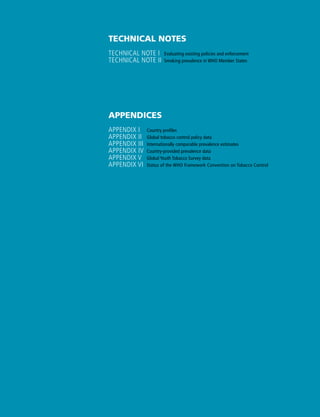 Technical noteS
Technical note I	 Evaluating existing policies and enforcement
Technical note II	Smoking prevalence in WHO Member States
AppendiCES
Appendix I	 Country profiles
Appendix II	 Global tobacco control policy data
Appendix III	 Internationally comparable prevalence estimates
Appendix IV	 Country-provided prevalence data
Appendix V	 Global Youth Tobacco Survey data
Appendix VI	 Status of the WHO Framework Convention on Tobacco Control
 