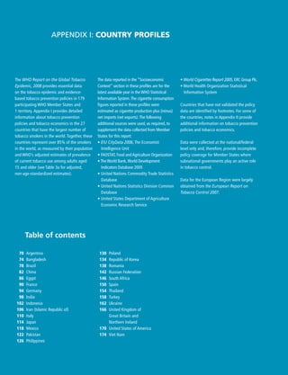 The data reported in the “Socioeconomic
Context” section in these profiles are for the
latest available year in the WHO Statistical
Information System.The cigarette consumption
figures reported in these profiles were
estimated as cigarette production plus (minus)
net imports (net exports).The following
additional sources were used, as required, to
supplement the data collected from Member
States for this report:
• EIU CityData 2006, The Economist
Intelligence Unit
• FAOSTAT, Food and Agriculture Organization
• The World Bank,World Development
Indicators Database 2005
• United Nations Commodity Trade Statistics
Database
• United Nations Statistics Division Common
Database
• United States Department of Agriculture
Economic Research Service
Appendix I: Country profiles
Table of contents
• World Cigarettes Report 2005, ERC Group Plc.
• World Health Organization Statistical
Information System
Countries that have not validated the policy
data are identified by footnotes. For some of
the countries, notes in Appendix II provide
additional information on tobacco prevention
policies and tobacco economics.
Data were collected at the national/federal
level only and, therefore, provide incomplete
policy coverage for Member States where
subnational governments play an active role
in tobacco control.
Data for the European Region were largely
obtained from the European Report on
Tobacco Control 2007.
70 Argentina
74 Bangladesh
78 Brazil
82 China
86 Egypt
90 France
94 Germany
98 India
102 Indonesia
106 Iran (Islamic Republic of)
110 Italy
114 Japan
118 Mexico
122 Pakistan
126 Philippines
130 Poland
134 Republic of Korea
138 Romania
142 Russian Federation
146 South Africa
150 Spain
154 Thailand
158 Turkey
162 Ukraine
166 United Kingdom of
Great Britain and
Northern Ireland
170 United States of America
174 Viet Nam
The WHO Report on the Global Tobacco
Epidemic, 2008 provides essential data
on the tobacco epidemic and evidence-
based tobacco prevention policies in 179
participating WHO Member States and
1 territory. Appendix I provides detailed
information about tobacco prevention
policies and tobacco economics in the 27
countries that have the largest number of
tobacco smokers in the world. Together, these
countries represent over 85% of the smokers
in the world, as measured by their population
and WHO’s adjusted estimates of prevalence
of current tobacco use among adults aged
15 and older (see Table 3a for adjusted,
non-age-standardized estimates).
 