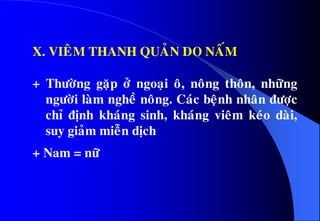 X. VIEÂM THANH QUAÛN DO NAÁM
+ Thöôøng gaëp ôû ngoaïi oâ, noâng thoân, nhöõng
ngöôøi laøm ngheà noâng. Caùc beänh nhaân ñöôïc
chæ ñònh khaùng sinh, khaùng vieâm keùo daøi,
suy giaûm mieãn dòch
+ Nam = nöõ
 