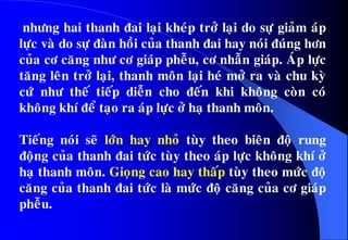 nhöng hai thanh ñai laïi kheùp trôû laïi do söï giaûm aùp
löïc vaø do söï ñaøn hoài cuûa thanh ñai hay noùi ñuùng hôn
cuûa cô caêng nhö cô giaùp pheãu, cô nhaãn giaùp. AÙp löïc
taêng leân trôû laïi, thanh moân laïi heù môû ra vaø chu kyø
cöù nhö theá tieáp dieãn cho ñeán khi khoâng coøn coù
khoâng khí ñeå taïo ra aùp löïc ôû haï thanh moân.
Tieáng noùi seõ lôùn hay nhoû tuøy theo bieân ñoä rung
ñoäng cuûa thanh ñai töùc tuøy theo aùp löïc khoâng khí ôû
haï thanh moân. Gioïng cao hay thaáp tuøy theo möùc ñoä
caêng cuûa thanh ñai töùc laø möùc ñoä caêng cuûa cô giaùp
pheãu.
 