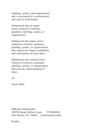 spelling, syntax, and organization
and is presented in a professional
and easy to read format
Submission has no major
errors related to citations,
grammar, spelling, syntax, or
organization
Submission has major errors
related to citations, grammar,
spelling, syntax, or organization
that negatively impact readability
and articulation of main ideas
Submission has critical errors
related to citations, grammar,
spelling, syntax, or organization
that prevent understanding of
ideas
10
Total 100%
MiKayla Schumacher
10039 Sleepy Hollow Lane 7276088563
Port Richey, FL 34668 [email protected]u
Profile
 