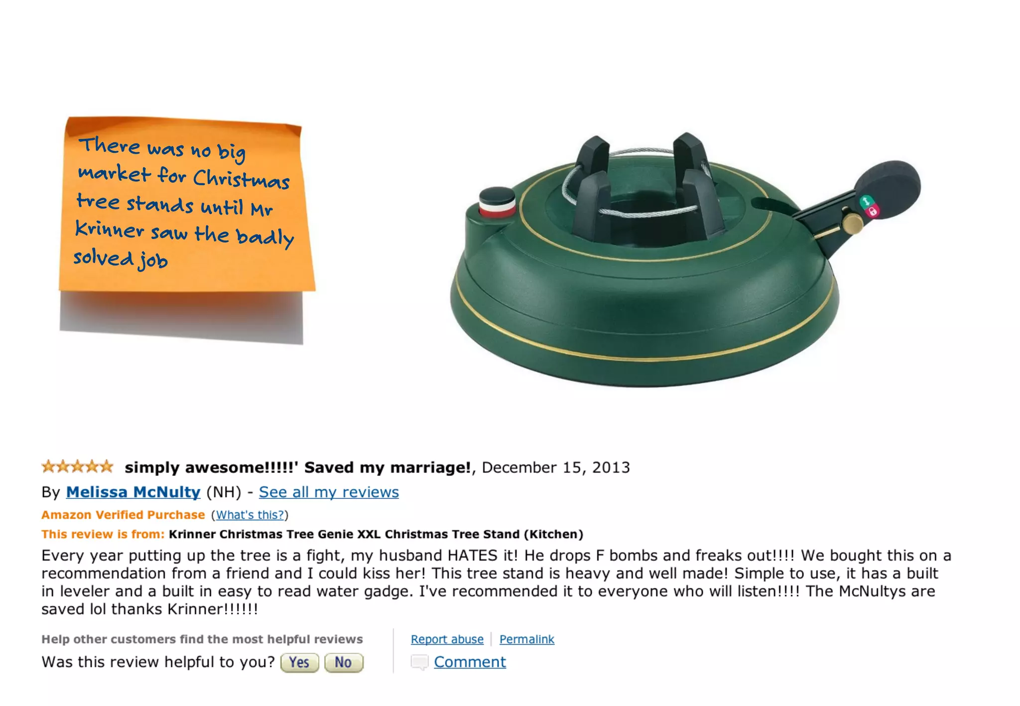 There was no big
market for Christmas
tree stands until Mr
Krinner saw the badly
solved job
 