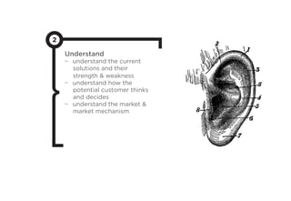 2
Understand
-  understand the current
solutions and their
strength  weakness
-  understand how the
potential customer thinks
and decides
-  understand the market 
market mechanism
 