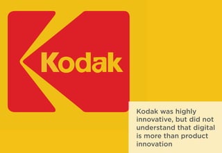 Kodak was highly
innovative, but did not
understand that digital
is more than product
innovation
 