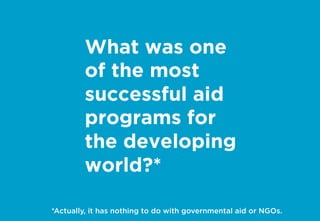 What was one
of the most
successful aid
programs for
the developing
world?*
*Actually, it has nothing to do with governmental aid or NGOs.
 