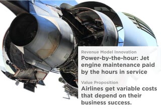 Revenue Model Innovation
Power-by-the-hour: Jet
engine maintenance paid
by the hours in service
Value Proposition
Airlines get variable costs
that depend on their
business success.
 
