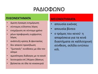 ΡΑΔΙΟΦΩΝΟ
ΠΛΕΟΝΕΚΤΗΜΑΤΑ ΜΕΙΟΝΕΚΤΗΜΑΤΑ
• άμεση-έγκαιρη ενημέρωση
• σύντομος εύληπτος λόγος
• ενημέρωση σε σύντομο χρόνο
• ρέων προφορικός ευχάριστος
λόγος
• ανάπτυξη κρίσης & φαντασίας
• δεν απαιτεί προσήλωση
• "ζωντανές" συνδέσεις με όλο τον
κόσμο
• αμεσότερος διάλογος με το κοινό
• λειτουργία επί 24ώρου βάσεως
• βρίσκεται σε όλα τα νοικοκυριά
• απουσία εικόνας
• απουσία βίντεο
• ο τρόμος του κενού· η
απαρέσκεια για τα κενά
διαστήματα σε καλλιτεχνική
σύνθεση, σελίδα εντύπου
κτλ.
 
