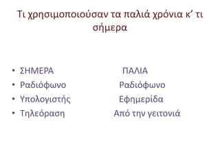 Τι χρησιμοποιούσαν τα παλιά χρόνια κ’ τι
σήμερα
• ΣΗΜΕΡΑ ΠΑΛΙΑ
• Ραδιόφωνο Ραδιόφωνο
• Υπολογιστής Εφημερίδα
• Τηλεόραση Από την γειτονιά
 