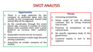 Opportunities
1. There is a huge potential for the
company to penetrate deep into the
market as the unorganized market hold
almost 85% of the segment.
2. As Ola coordinates through the smart
phone app, increase in number of smart
phone users provides them with a great
platform to increase their customer
base.
3. Disposable income can be increased.
4. Convenient services create huge demand
among customers.
5. Acquisition of smaller company of the
market.
SWOT ANALYSIS
Threats
1. Increasing competition.
2. Heavy usage of cash to attract
customer due to strong financial
root of Uber.
3. Presence of competitors at the
national level.
4. No specific regulatory body of the
government.
5. Customer loyalty is rare in this
segment.
 