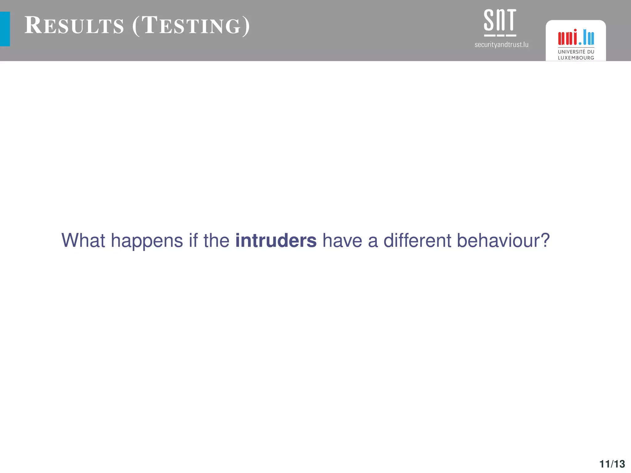 RESULTS (TESTING)
What happens if the intruders have a different behaviour?
11/13
 