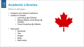 • Academic and research institutions
• Leaders in Canada:
• Laine Ruus @ UTOronto
• Wendy Watkins, Ernie Boyko @
Carleton
...