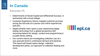 In Canada
Edmonton PL
• Determinants of Social Capital and Differential Success, in
partnership with a local college.
• Customer Experience Interns mapped customer journeys
across the full suite of in person and online experiences
with EPL.
• Digital exhibits intern spent a year researching digital
display technology from a global perspective with
recommendations for design, content and programming in
a public library setting.
• Our current interns are investigating collection use at a
very granular level to understand demand and declines.
This report will impact space design, collection
development policy, our approach to collection floating and
more.
 