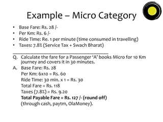 Example – Micro Category
• Base Fare: Rs. 28 /-
• Per Km: Rs. 6 /-
• Ride Time: Re. 1 per minute (time consumed in travelling)
• Taxes: 7.8% (Service Tax + Swach Bharat)
______________________________________
Q. Calculate the fare for a Passenger ‘A’ books Micro for 10 Km
journey and covers it in 30 minutes.
A. Base Fare: Rs. 28
Per Km: 6x10 = Rs. 60
Ride Time: 30 min. x 1 = Rs. 30
Total Fare = Rs. 118
Taxes (7.8%) = Rs. 9.20
Total Payable Fare = Rs. 127 /- (round off)
(through cash, paytm, OlaMoney).
 