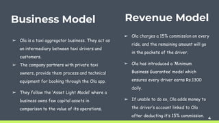 Business Model
Bring the attention of your audience over a
key concept using icons or illustrations
4
➢ Ola is a taxi aggregator business. They act as
an intermediary between taxi drivers and
customers.
➢ The company partners with private taxi
owners, provide them process and technical
equipment for booking through the Ola app.
➢ They follow the ‘Asset Light Model’ where a
business owns few capital assets in
comparison to the value of its operations.
➢ Ola charges a 15% commission on every
ride. and the remaining amount will go
in the pockets of the driver.
➢ Ola has introduced a ‘Minimum
Business Guarantee’ model which
ensures every driver earns Rs.1300
daily.
➢ If unable to do so, Ola adds money to
the driver’s account linked to Ola
after deducting it’s 15% commission.
Revenue Model
 