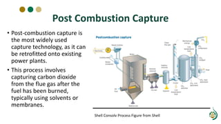 Post Combustion Capture
• Post-combustion capture is
the most widely used
capture technology, as it can
be retrofitted onto existing
power plants.
• This process involves
capturing carbon dioxide
from the flue gas after the
fuel has been burned,
typically using solvents or
membranes.
Shell Consolv Process Figure from Shell
 