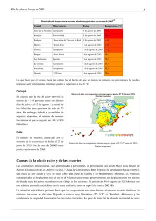 Ola de calor en Europa en 2003                                                                                                          3


                                                                                                         [2]
                              Efemérides de temperatura máxima absoluta registradas en verano de 2003

                     Ciudad               Observatorio                   Fecha                  Temperatura (°C)

                     Jerez de la Frontera Aeropuerto                     1 de agosto de 2003     45,1

                     Badajoz              Universidad                    1 de agosto de 2003     45,0

                     Badajoz              Base aérea de Talavera la Real 1 de agosto de 2003     44,8

                     Huelva               Ronda Este                     1 de agosto de 2003     43,4

                     Gerona               Aeropuerto                     13 de agosto de 2003    41,2

                     Burgos               Base Aérea                     4 de agosto de 2003    38,8

                     San Sebastián        Igueldo                        4 de agosto de 2003    38,6

                     La Coruña            Aeropuerto                     12 de agosto de 2003 37,7

                     Barcelona            Aeropuerto                     13 de agosto de 2003 37,3

                     Oviedo               El Cristo                      8 de agosto de 2003    35,6


    Lo que hizo que el verano fuera tan cálido fue el hecho de que se dieron un número sin precedentes de noches
    tropicales con temperaturas mínimas iguales o superiores a los 20 °C.

    Portugal

    Se calcula que la ola de calor provocó la
    muerte de 1.316 personas entre los últimos
    días de julio y el 12 de agosto. La mitad de
    los fallecidos eran personas de más de 75
    años. Sin embargo, debido a las medidas de
    urgencia adoptadas, el número de muertes
    fue inferior al que se registró en 1981 (1900
    fallecidos).


    Italia

    El número de muertos, anunciado por el
    instituto de la estatisticas de Italia el 27 de
                                                         Número de días con temperatura mínima mayor o igual a 20 °C (Verano de 2003)
    junio de 2005, fue de más de 20.000 entre                                         Noches tropicales).
    junio y septiembre de 2003.



    Causas de la ola de calor y de las muertes
    Las condiciones anticiclónicas, casi generalizadas y persistentes, se prolongaron casi desde Mayo hasta finales de
    Agosto. El anticiclón de las Azores y la ZCIT (Zona de Convergencia Inter Tropical) se desplazaron hacia el norte y
    una masa de aire cálido y seco se situó sobre gran parte de Europa y el Mediterráneo. Mientras, las borrascas
    extratropicales se desplazaban más al sur en el Atlántico para tomar, posteriormente, un desplazamiento por encima
    de Irlanda hacia los países escandinavos en el flujo de los suroestes. El periodo de Abril-Agosto de 2003 destaca con
    una máxima anomalía anticiclónica en la zona analizada, tanto en superficie como a 500 hPa.
    La situación anticiclónica pertinaz hacía que las temperaturas máximas diurnas alcanzaran records históricos, la
    mínimas nocturnas se elevaban llegando a valores muy llamativos (27, 6 °C en Weinbiet, Alemania) y las
    condiciones de sequedad fomentaban los incendios forestales. Lo peor de todo fue la elevada mortandad de seres
 