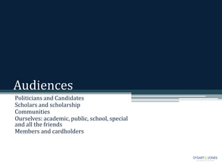 Audiences
Politicians and Candidates
Scholars and scholarship
Communities
Ourselves: academic, public, school, special
and...