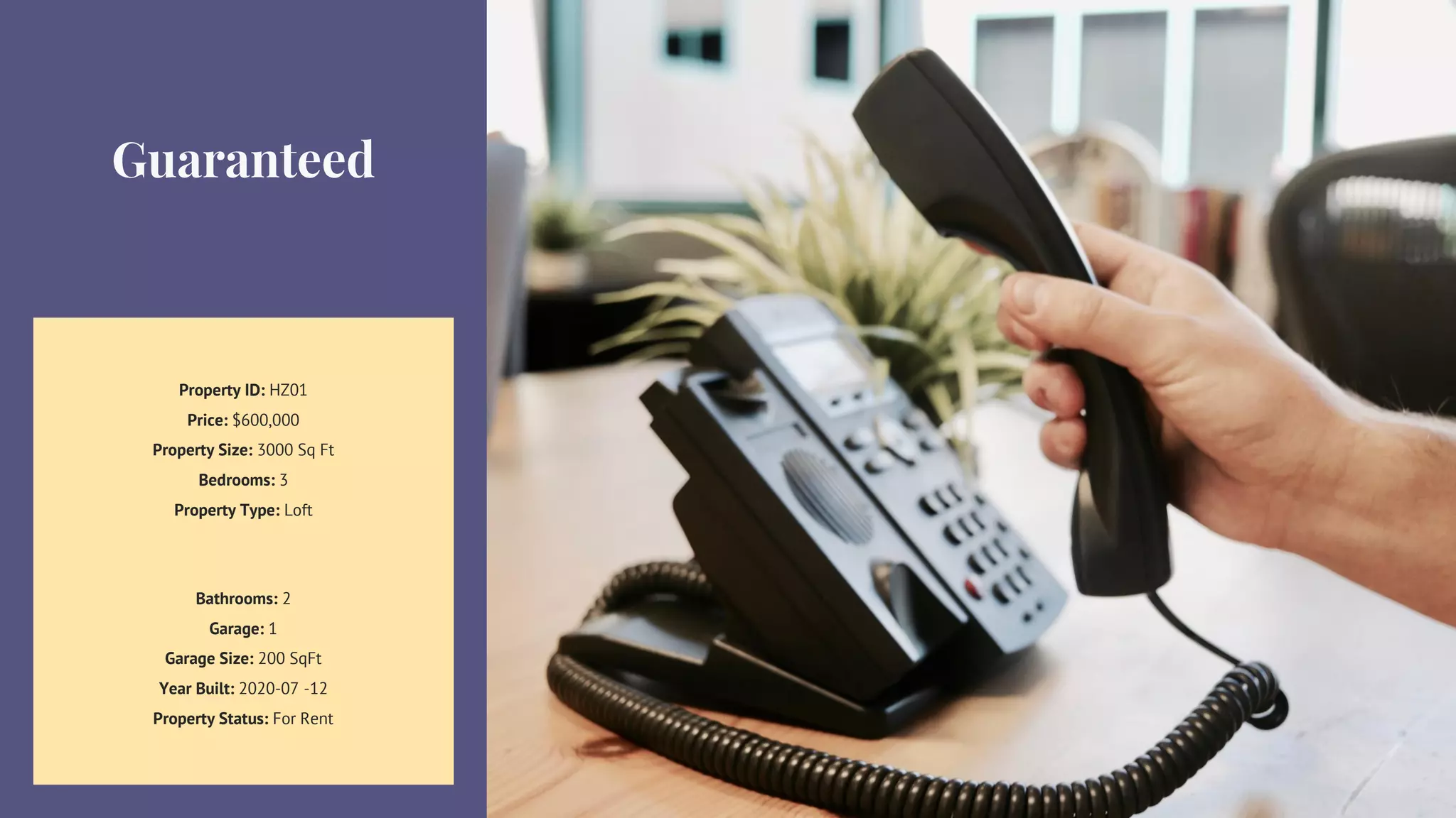 Property ID: HZ01
Price: $600,000
Property Size: 3000 Sq Ft
Bedrooms: 3
Property Type: Loft
Bathrooms: 2
Garage: 1
Garage Size: 200 SqFt
Year Built: 2020-07 -12
Property Status: For Rent
 