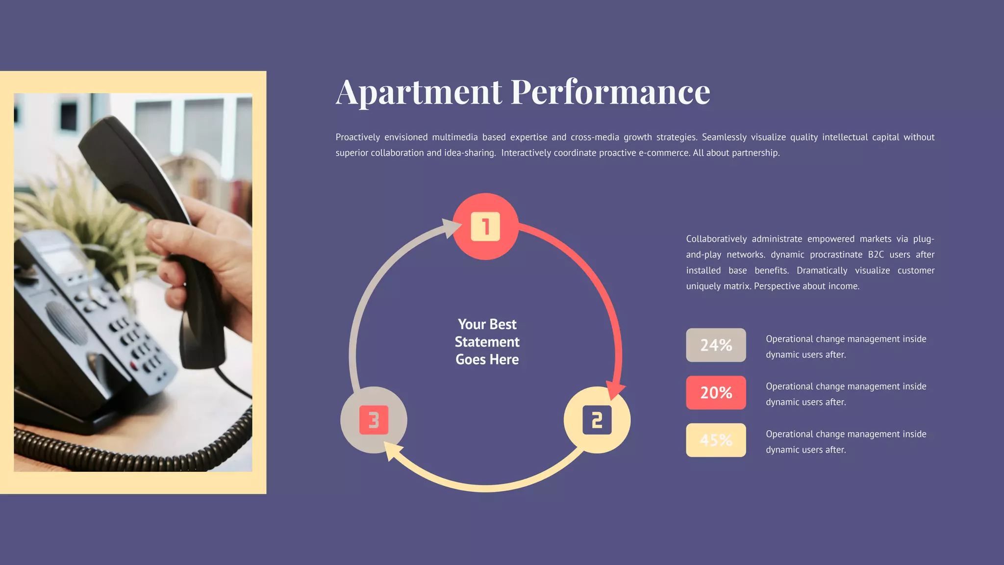 Operational change management inside
dynamic users after.
24%
Operational change management inside
dynamic users after.
20%
Operational change management inside
dynamic users after.
45%
Collaboratively administrate empowered markets via plug-
and-play networks. dynamic procrastinate B2C users after
installed base benefits. Dramatically visualize customer
uniquely matrix. Perspective about income.
Proactively envisioned multimedia based expertise and cross-media growth strategies. Seamlessly visualize quality intellectual capital without
superior collaboration and idea-sharing. Interactively coordinate proactive e-commerce. All about partnership.
Your Best
Statement
Goes Here
 