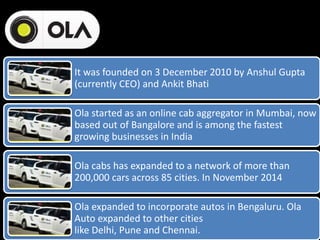 It was founded on 3 December 2010 by Anshul Gupta
(currently CEO) and Ankit Bhati
Ola started as an online cab aggregator in Mumbai, now
based out of Bangalore and is among the fastest
growing businesses in India
Ola cabs has expanded to a network of more than
200,000 cars across 85 cities. In November 2014
Ola expanded to incorporate autos in Bengaluru. Ola
Auto expanded to other cities
like Delhi, Pune and Chennai.
 