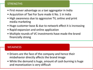 • First mover advantage as a taxi aggregator in India
• Acquisition of Taxi For Sure made it No. 1 in India
• High awareness due to aggressive TV, online and print
media marketing
• Huge customer base & due to network effect it is increasing
• Rapid expansion and online application
• Multiple rounds of VC investments have made the brand
financially strong
STRENGTHS
• Drivers are the face of the company and hence their
misbehavior directly affects the brand image
• While the demand is huge, amount of cash burning is huge
and monetization is very difficult
WEAKNESS
 