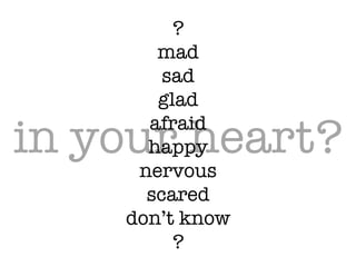 in your heart?
?!
mad!
sad!
glad!
afraid!
happy!
nervous!
scared!
don’t know!
?
 