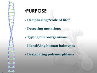 •PURPOSE
• Deciphering “code of life”
• Detecting mutations
• Typing microorganisms
• Identifying human halotypes
• Designating polymorphisms
6
 