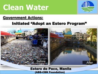 Government Actions:
Initiated “Adopt an Estero Program”
Before After
Estero de Paco, Manila
(ABS-CBN Foundation)
Clean Water
 