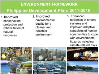 1. Improved
conservation,
protection and
rehabilitation of
natural
resources
2. Improved
environmental
quality for a
cleaner and
healthier
environment
3. Enhanced
resilience of natural
systems and
improved adaptive
capacities of human
communities to cope
with environmental
hazards including
climate related risks
ENVIRONMENT FRAMEWORK
Philippine Development Plan: 2011-2016
 