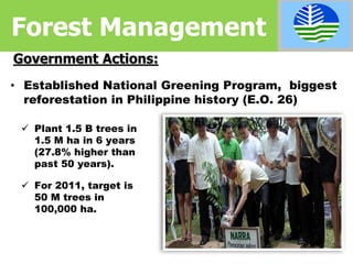 • Established National Greening Program, biggest
reforestation in Philippine history (E.O. 26)
 Plant 1.5 B trees in
1.5 M ha in 6 years
(27.8% higher than
past 50 years).
 For 2011, target is
50 M trees in
100,000 ha.
Government Actions:
Forest Management
 