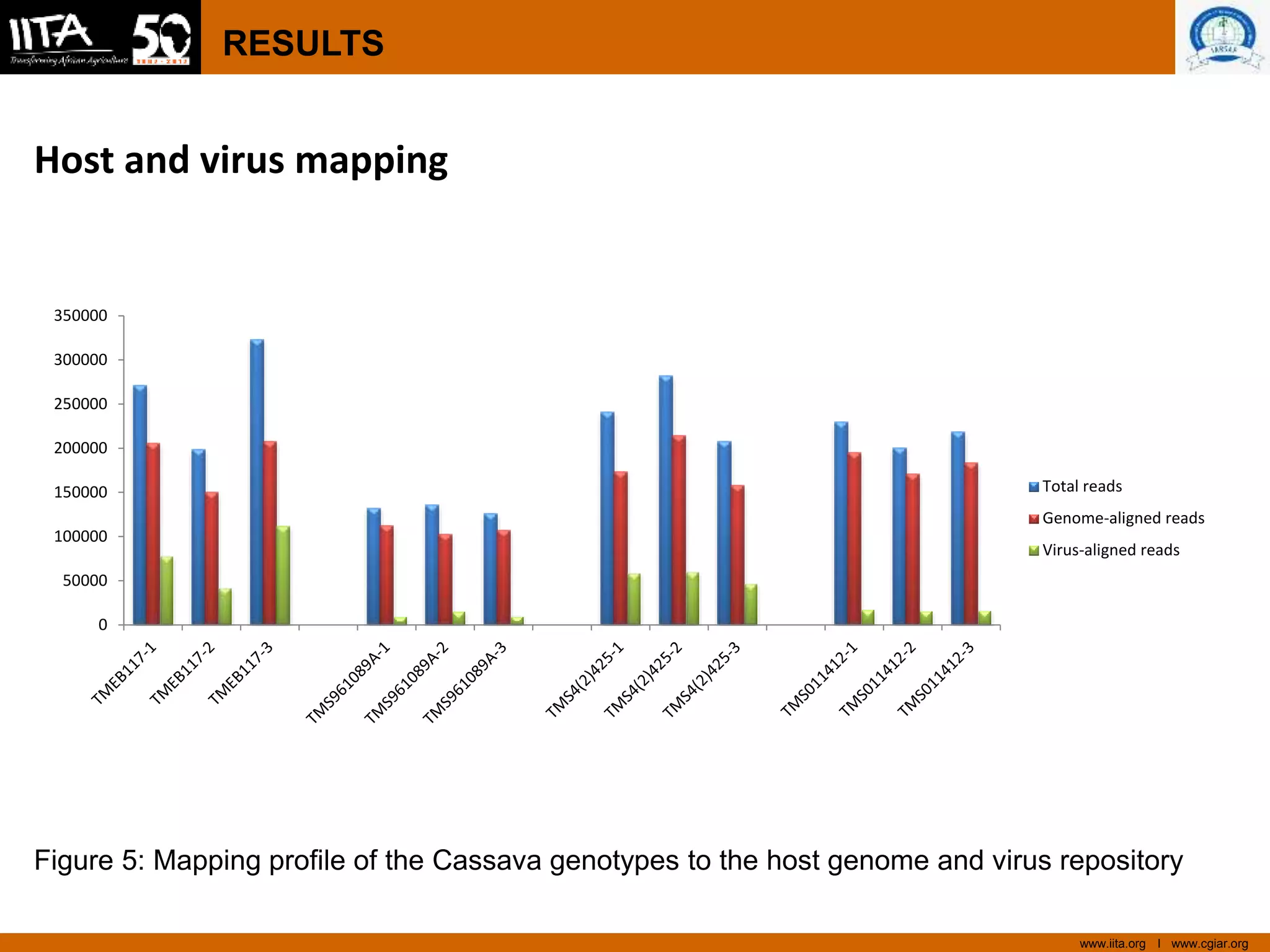 www.iita.org I www.cgiar.org
RESULTS
Host and virus mapping
0
50000
100000
150000
200000
250000
300000
350000
Total reads
Genome-aligned reads
Virus-aligned reads
Figure 5: Mapping profile of the Cassava genotypes to the host genome and virus repository
 