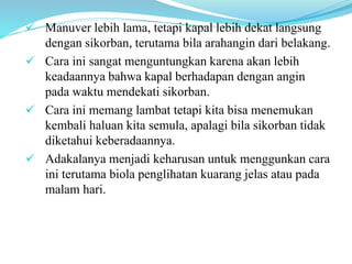 Manuver lebih lama, tetapi kapal lebih dekat langsung
dengan sikorban, terutama bila arahangin dari belakang.
 Cara ini sangat menguntungkan karena akan lebih
keadaannya bahwa kapal berhadapan dengan angin
pada waktu mendekati sikorban.
 Cara ini memang lambat tetapi kita bisa menemukan
kembali haluan kita semula, apalagi bila sikorban tidak
diketahui keberadaannya.
 Adakalanya menjadi keharusan untuk menggunkan cara
ini terutama biola penglihatan kuarang jelas atau pada
malam hari.
 